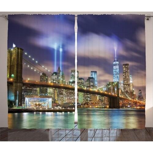 Urban City Curtains Nightscape of New York Town Print Satin Fabric Drapes for Living Room Bedroom 2 Panel Window Set