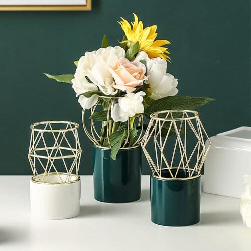 Nordic Ceramic Vase with Golden Metal Frame Chic Lantern Design Table Decor Flower Pot Morandi Color Floral Storage Jar