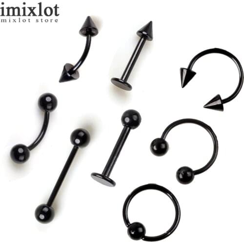 Imixlot 2 Pcs/Lot Surgical Stainless Steel Eyebrow Nose Lip Labret Ear Ring Tongue Cartilage Body Piercing Jewelry Black Color