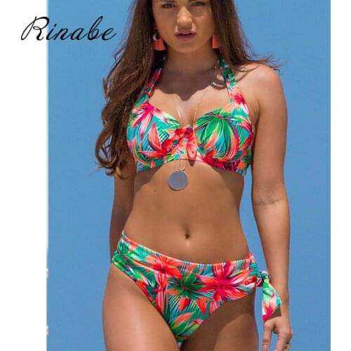 Rinabe Push Up Bikini High Belt Swimsuit Female Floral Print Swimwear Women Bathing Suit High Waist Bikini Set Sexy Biquini