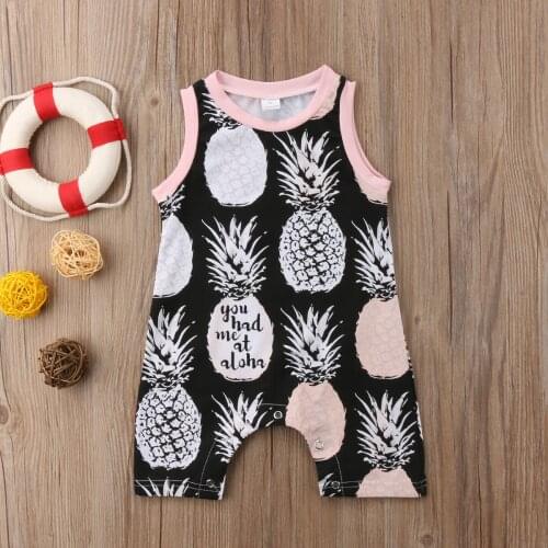 Summer Newborn Baby Girls Infant Jumpsuit Sleeveless O-Neck Pineapple Print Letter Covered Button Playsuit Outfit 0-24M