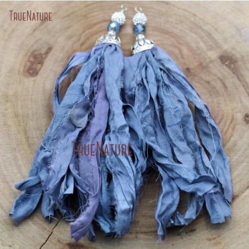 Fashion Sari Silk Tassel Cerulean Sari Silk Tassel Pendant Oxidized Silver Cap Oval Zircon Pave Ball Beads In 6.8 inch PM9045