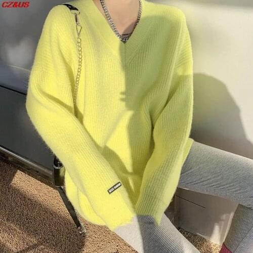 Pullover 2021 Autumn Winter Fashion V-neck Thicken Knit Sweater Female Pure Color Loose Leisure Tops Warm Comfortable Pullover