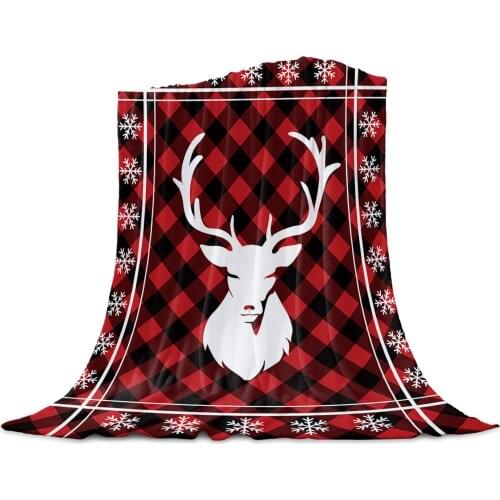 Christmas Snowflake Elk Red Plaid Throw Blanket for Sofa Christmas Decoration Bedspread Portable Microfiber Flannel Blanket