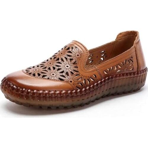 Hot 2020 New Summer Comfort Hollow Genuine Leather Shoes Shallow Flat Shoes Cool Breathable Fashion Casual Sandals Women Shoes