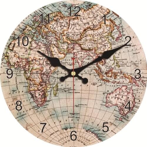 Vintage 16Inch World Map Round Wall Clock Silent Non Ticking, Retro Arabic Numerals Design Clock Home,office,school Art Decor