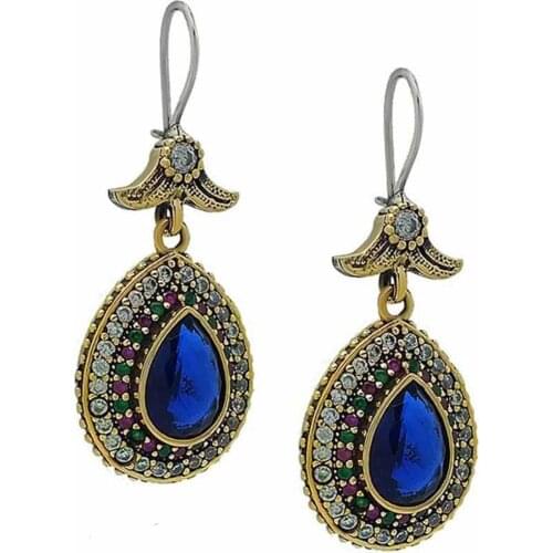 Blue Sapphire Cubic Zirconia Silver Drop Design Authentic Earrings Hurrem Sultan For Jewelry