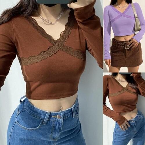 Autumn Women V Neck Tee Shirt Long Sleeve Pullover Cross Lace Patchwork Lace Trim For Y2k Crop Top Blouse Female T-shirts