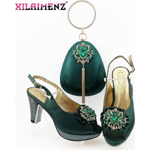 Office Ladies Ladies Shoes Matching Bag in Dark Green Color African MaMa Shoes and Bag Set Decorate with Rhinestone for Party