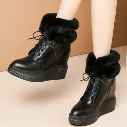 Women Lace Up Cow Leather Wedges High Heel Snow Boots Female Warm Rabbit Fur Pointed Toe Fashion Sneakers High Top Casual Shoes