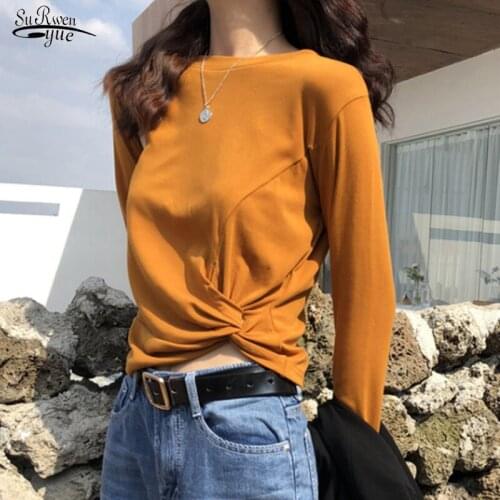 2021 O-Neck Cross Short Office Ladies Crop Tops Spring Long Sleeve Women T-shirts Casual Cotton Solid White Woman T-shirt 13225