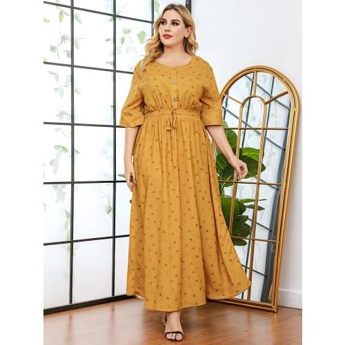 Summer Dress 2021 Women O Neck Half Sleeve Printing High Waist Casual Dress Yellow Maxi Long Dresses Women Clothing