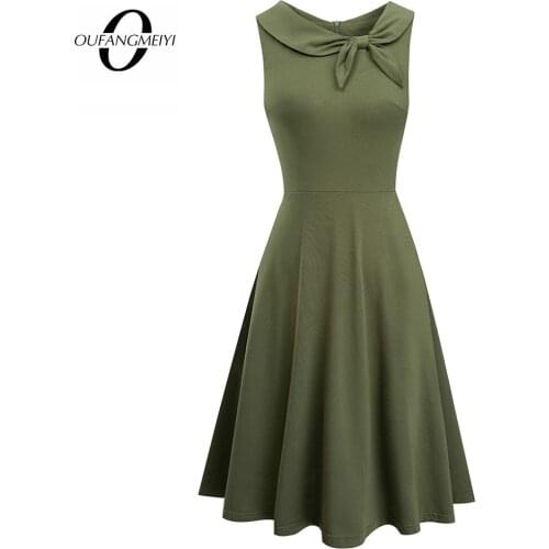 Women Summer Casual Sleeveless Turn-Down Collar Knot Fit and Flare A-Line Dress with Pockets EA275