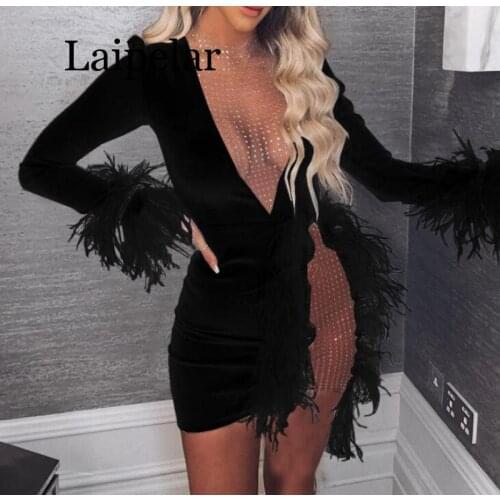Glam Feather Tirm Mesh Patchwork Chirstmas Party Dress Elegant Long Sleeve Hollow Out Feather Celebrities Dress