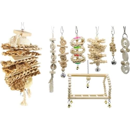 8 Pcs Parrot Toys: 1 Pcs Loofah Cuttlebone Grass Parrot Bite Toy & 7 Pcs Natural Wood Hanging Bell Bird Cage Toys
