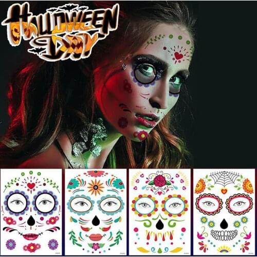 9PCS Halloween Temporary Face Art Stickers Diy Waterproof Scary Mask Sugar Skull Tattoo Sticker Halloween Decorative Cosplay