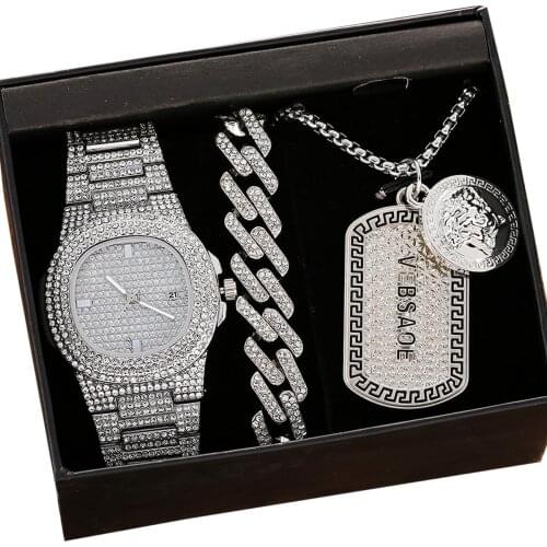 Luxury Man Watch 2021 Diamond Stainless Steel Bracelet 3pcs/set Wrist Watch Casual Quartz Watches Gifts For Boyfriend Husband