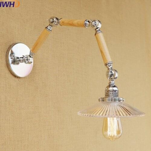 IWHD Wood Long Arm Wall Sconces Antique Living Room Industrial Wall Light Led Up Down Home Lighting Stairs Bedroom Wandlamp