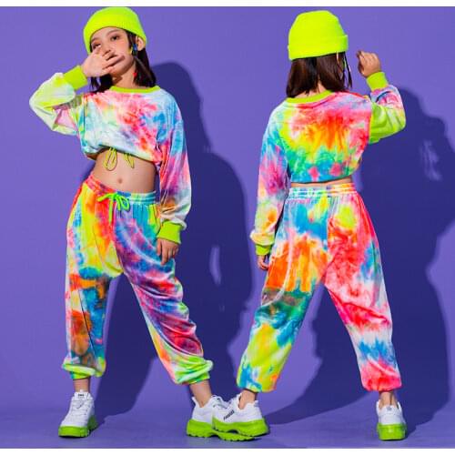 Kid Gril Streetwear Hip Hop Jazz Stage Show Dance Clothing Velvet Print Loose Causal Pant Sets Children Boys Sweatpants