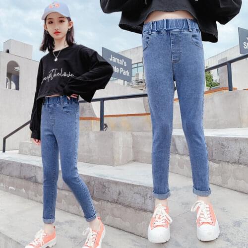 Teenage Girls Jeans Spring Autumn School Children High Waist Slim Trousers Casual Skinny Kids Denim Pants 6 8 10 12 14Years Old