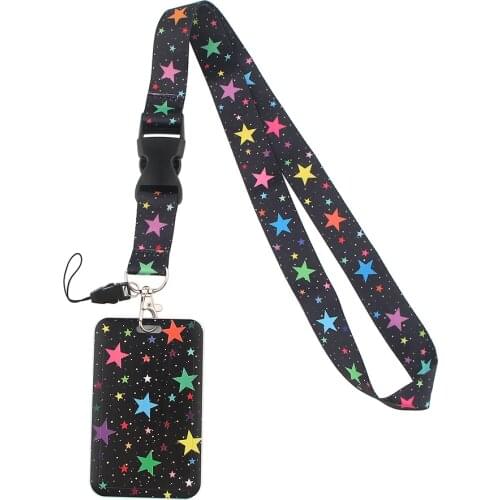 ER633 Colorful Stars Lanyard Credit Card ID Holder Bag Student Women Travel Bank Bus Business Card Cover Badge
