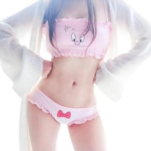 Kawaii Japanese Lolita Girl Pink Pig Face Ruffled Women Underwear Set Sexy Lingerie 2019 Intimates Push Up Bra And Panty Set