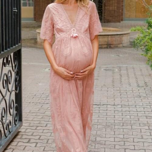 Pregnant Women Lace Dresses Pink White Long Dress Women V Neck Casual Mopping Dresses Maternity Clothes Vestidos De Maternidad