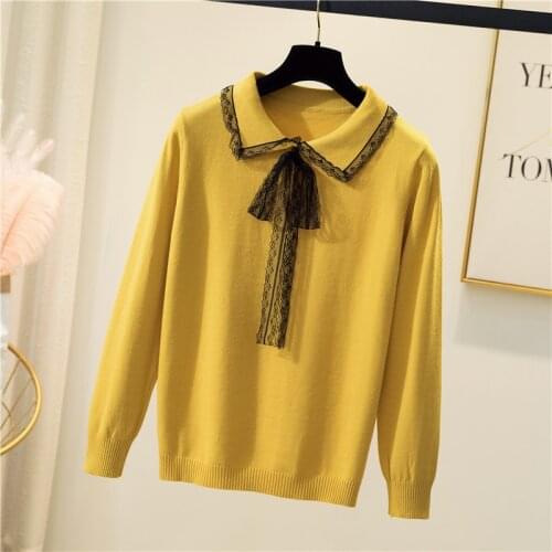 Fashion Apparel Womens Casual Sweater Pure Color Pullover Lapel Knitted Pullover Bowknot Lace Top 2021 Fall Winter New 4XL