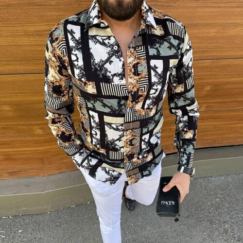 New European Standing Shirt Mens Summer Mens Print Hawaiian Casual Shirt Cardigan High-quality Long-sleeved Formal Shirt