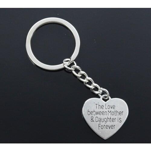 New Fashion Men 30mm Car Keychain DIY Metal Chain Heart Love Between Mother & Daughter Is Forever 25mm Silver Color Pendant Gift