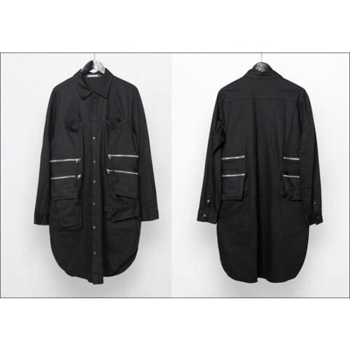 Original Mens Dark Black Multi Pocket Stitching Slim Windbreaker Oxford Jacket / Long Shirt / Oversized Longline