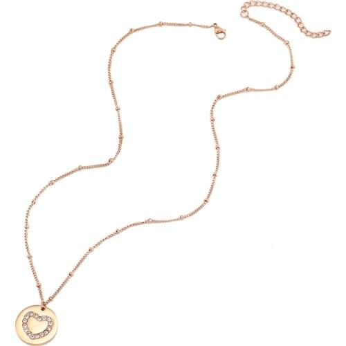 Mavis Hare Stainless Steel Clear Crystal Heart Coin Necklace rhinestone Heart Pendant Necklace as Mothers day Gift