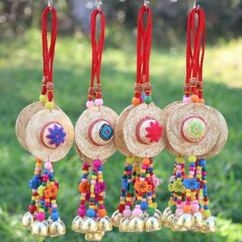 Chinese Ethnic Style Handmade Straw Hat Craft Wind Chime Car Pendant Wall Ornament Outdoor Garden Courtyard Aesthetic Home Decor