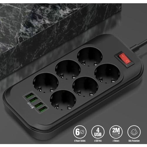 EU Smart Power Strip Socket 4 USB 6 AC Outlets,2M Power Cord Wall Charger Adapter for Home Office Global Multiple Power Sockets