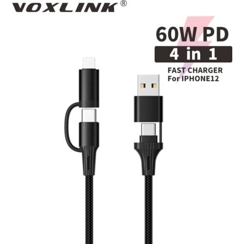 VOXLINK PD60W 4 in 1 USB to Type-C/Lightning Data cable for Samsung MacBook iPad Pro Quick Charge 3.0 USB-C Fast USB Charge Cord