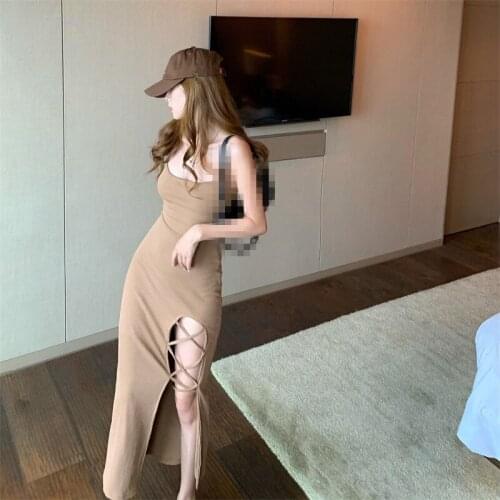 ZC3402 2021 summer new women fashion sexy temperament slim show thin high waist cross split dress cheap wholesale