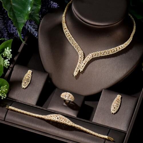 HIBRIDE Brilliant Women Bridal Wedding Sets 4 Pcs Earring Necklace Ring Bracelet Sets Gold Color Parure Bijoux Femme N-1412