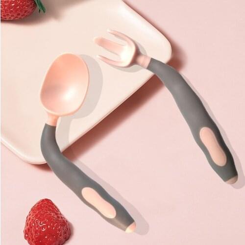 2Pcs/Set Baby Spoon with Fork Baby Utensils Set Auxiliary Food Silicone Spoons Baby Feeding Bendable Soft Infant Tableware