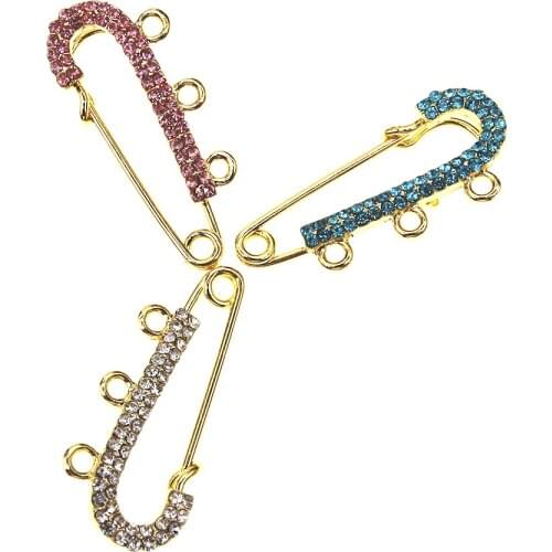 20pcs/30pcs 4cm Gold Plating Alloy Rhinestone Brooches Crystal Hijab Scarf Pins With 3 Loops For DIY