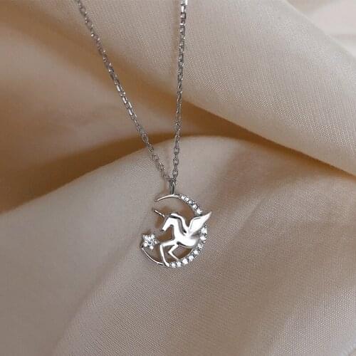 925 Sterling Silver Crystal Unicorn Charm Necklaces & Pendants Choker Statement Necklace For Women Jewelry dz484