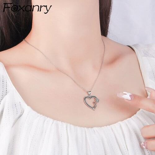 FOXANRY 925 Sterling Silver Necklace Accessories Trendy Elegant Design Hollow LOVE Heart Rose Flower Party Jewelry Birthday Gift