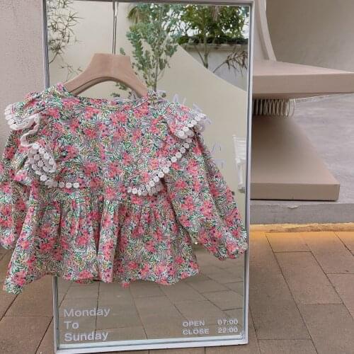 Girls Blouse 2021 Spring New Korean Floral Print Baby Girls Shirts Kids Clothing Cute Lace Ruffle Long Sleeve Shirt For Girls