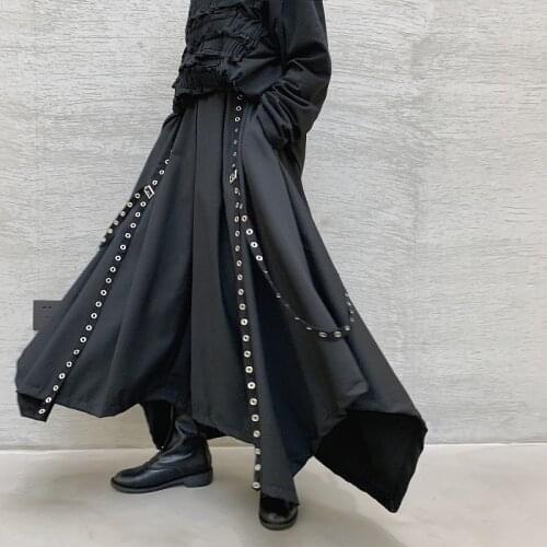Men Ribbon Dark Black Wide Leg Pants Male Women Japan Punk Gothic Harem Trousers Kimono Skirt Pants