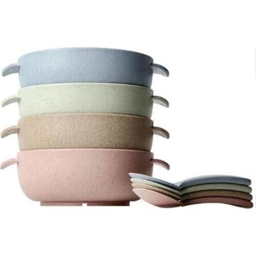 Childrens food supplement bowl wheat straw child baby bowl fruit tableware with spoon kitchen plastic bowl travel tableware