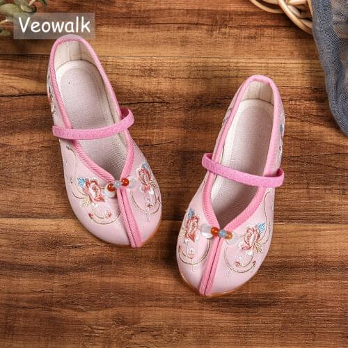 Veowalk Chinese Style Little Girls Comfort Cotton Embroidered Ballet Flats Kids Soft Mary Janes Children School Dance Shoes