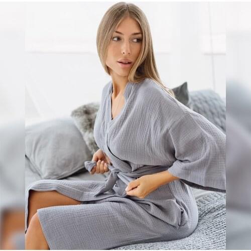 HiLoc Cotton Nightgown Robe Sleepwear Flare Sleeve Peignoirs For Women Three Quarter Home Wear Bathrobe Female Sleeves Nightwear