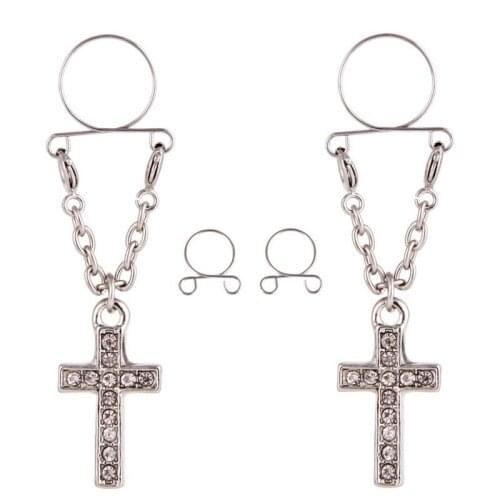 Cross Non pierced Clip On Nipple Ring Women Nipple Crystal Fake Nipple Shield With Tassel Dangle Adjustable Sexy Body Jewelry
