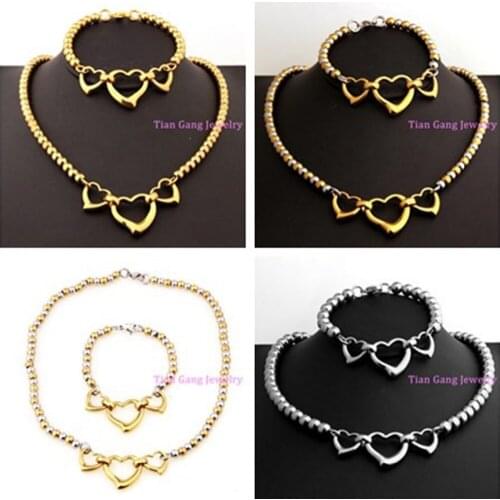 Silver Color/Gold/SilverGold Color 100% Stainless Steel 6/8mm Beads Link Heart Necklace Bracelet sets for women Top Quality