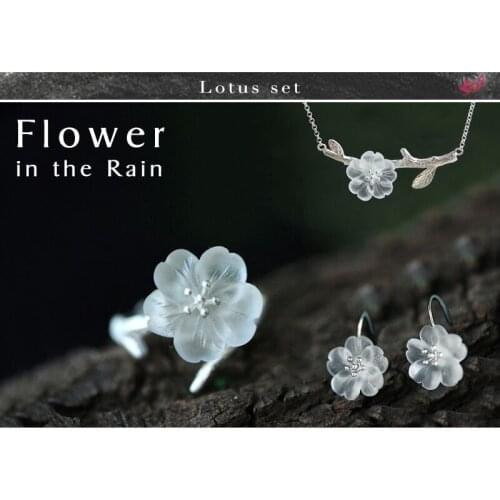 Lotus Fun Moment Real 925 Sterling Silver Handmade Fashion Jewelry Flower in the Rain Jewelry Set with Ring Earring Necklace