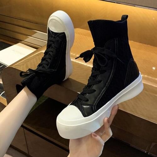 Knitting Splicing Leather Womens High Top Socks Sneakers 2021 New Women Canvas Shoes Ladies Trainers Vulcanized Footwear shoes